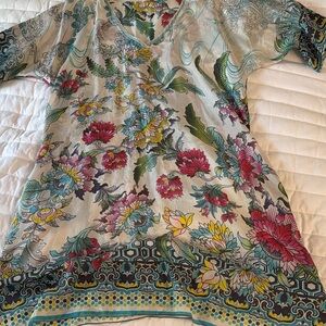 Johnny Was Floral V-Neck Tunic with Multicolor Patterns